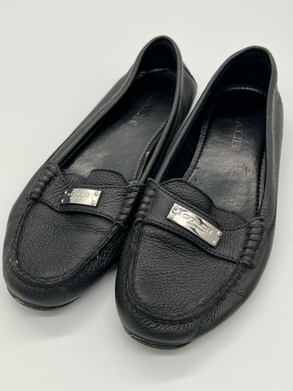 Coach Black Pebbled Leather Penny Loafers with Silver Plaque
